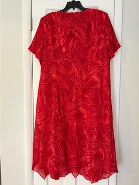 Flowing Red Midi Dress with Swirl Print